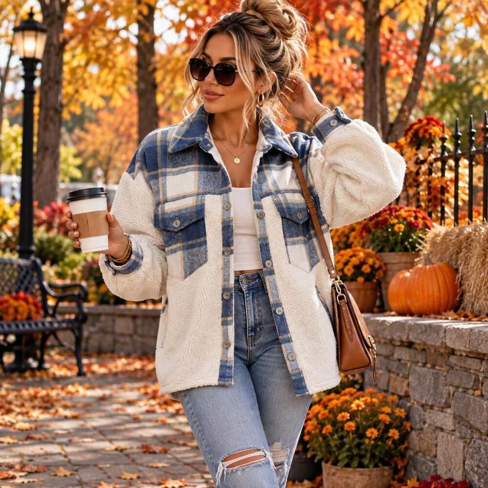 Unbranded Plaid Sherpa Jacket Size M Blue Cream Shacket